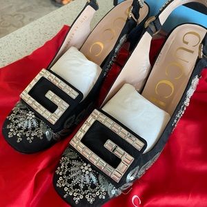 Pristine Gucci Madelyn ornate black grosgrain 75mm slingbacks. Worn ONCE see pic